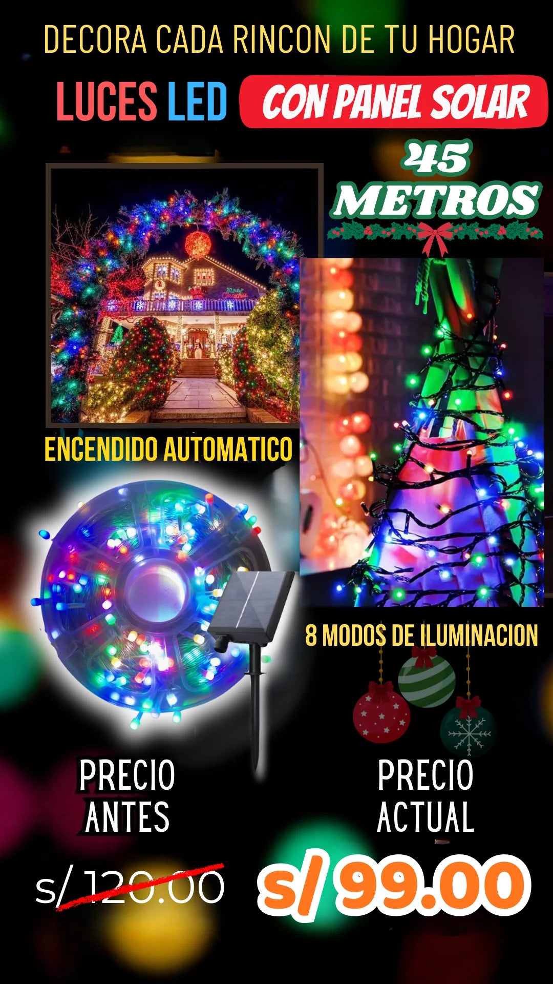 LUCES DE NAVIDAD CON PANEL SOLAR 45 METROS