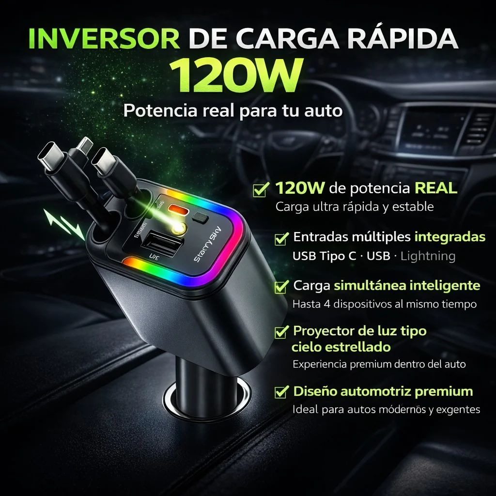 CARGADOR RETRÁCTIL 5 EN 1 CON PROYECTOR DE 120 WATS ☄️⚡ TURBOVOLT PRO